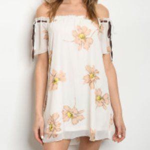Women's IVORY PEACH FLORAL DRESS Off SHOULDER NEW